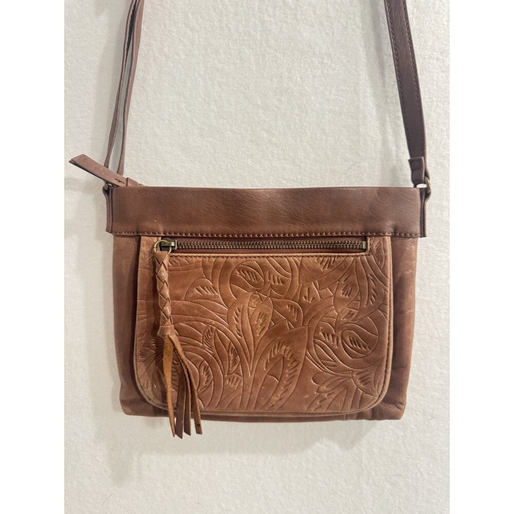 The Sak Sanibel Mini Crossbody Purse Brown Leather Embossed 9.5” Excellent